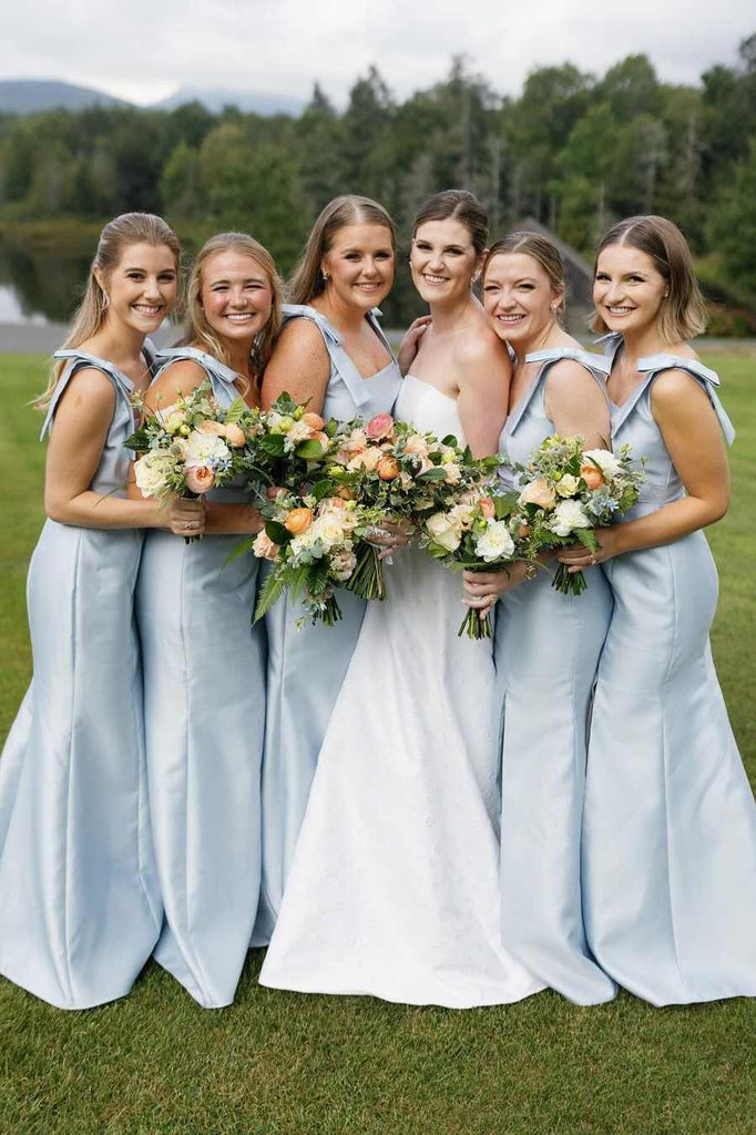 Light Blue Satin Mermaid Bridesmaid Dresses With Bows, Elegant Square ClaireBridal Light Blue Satin Mermaid Bridesmaid Dresses With Bows, Elegant Square ClaireBridal