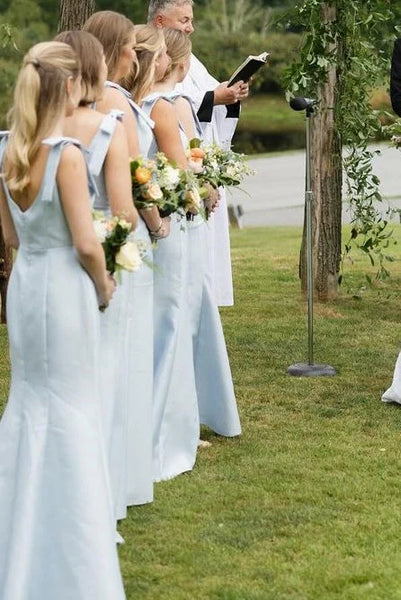Light Blue Satin Mermaid Bridesmaid Dresses With Bows, Elegant Square Neckline Prom Dresses, Wedding Guest Dresses