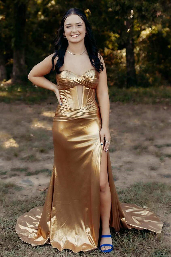 Sweetheart Long Mermaid Metalic Gold Prom Dresses With Side Slit, Newe ClaireBridal Sweetheart Long Mermaid Metalic Gold Prom Dresses With Side Slit, Newe ClaireBridal