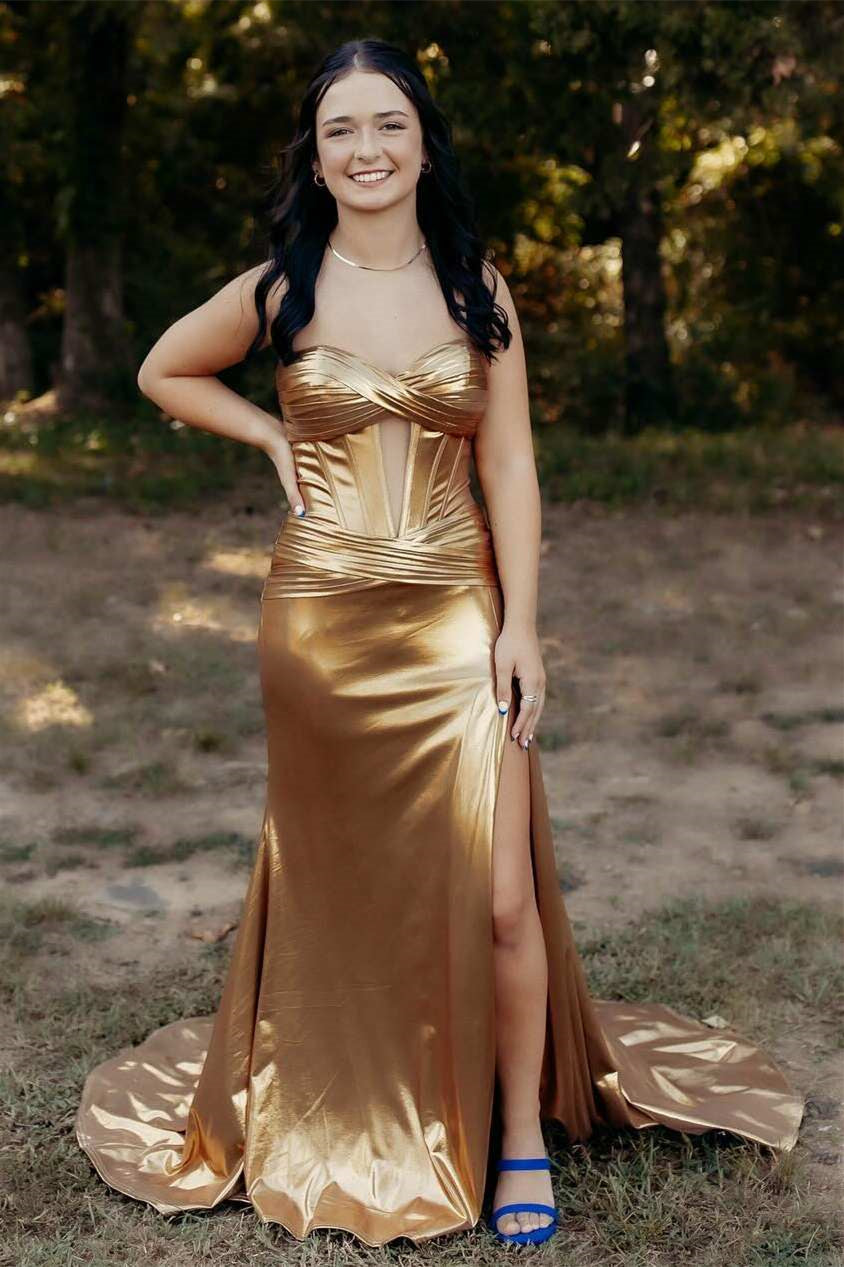 Sweetheart Long Mermaid Metalic Gold Prom Dresses With Side Slit, Newe – ClaireBridal Sweetheart Long Mermaid Metalic Gold Prom Dresses With Side Slit, Newe – ClaireBridal
