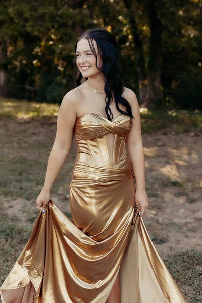Sweetheart Long Mermaid Metalic Gold Prom Dresses With Side Slit, Newest 2025 Prom Dresses