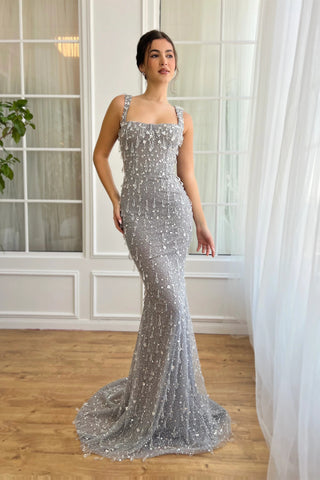Square Neckline Grey Mermaid Prom Dresses With Crystals, High Qualight Long Prom Dresses, Party Dresses