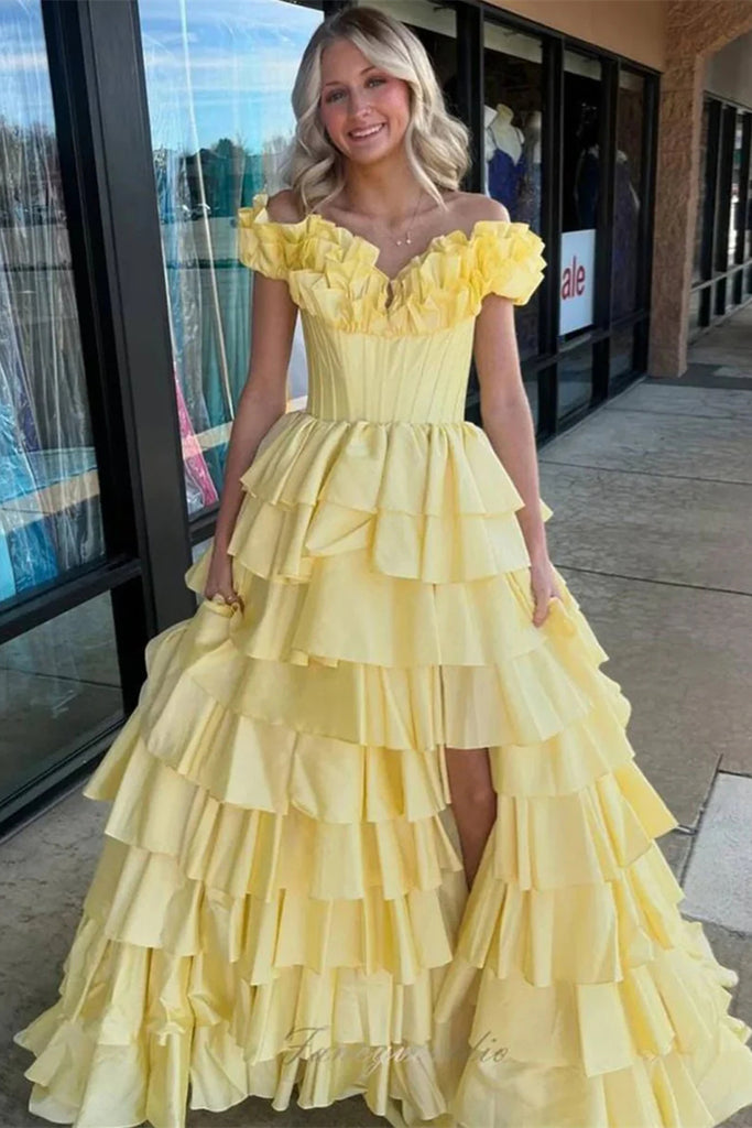 Off the Shoulder Yellow Satin Ruffles Prom Dresses, Layers Cake Dresse ClaireBridal Off the Shoulder Yellow Satin Ruffles Prom Dresses, Layers Cake Dresse ClaireBridal