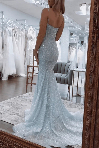 Spaghetti Long Mermaid Light Blue Sequin Beaded Prom Dresses, Shiny Prom Dresses, Luxury Newest Prom Dresses