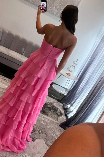 Sweetheart Long A-line Pink Ruffles Chiffon Prom Dresses,, High Side Slit Prom Dresses, Newest Prom Dresses