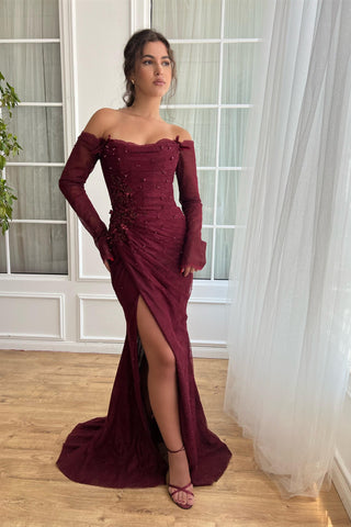 Burgundy Mermaid Prom Dresses With Long Off Shoulder Sleeves, Beaded Side Slit Prom Dresses