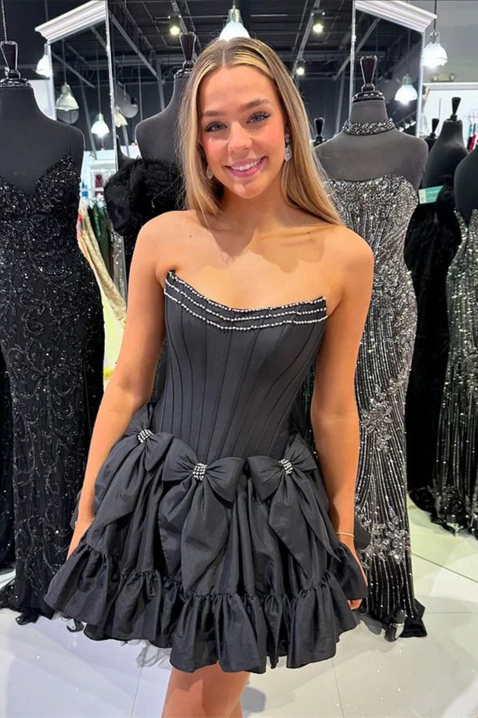 Black Satin Mini Dresses With Bows, Lovely Homecoming Dresses, Short Prom Dresses