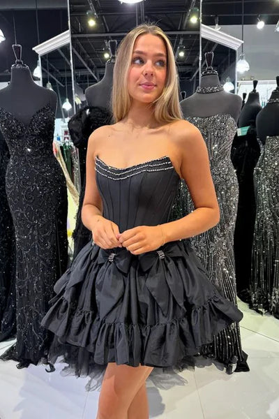 Black Satin Mini Dresses With Bows, Lovely Homecoming Dresses, Short Prom Dresses
