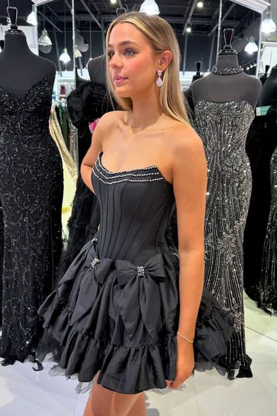 Black Satin Mini Dresses With Bows, Lovely Homecoming Dresses, Short Prom Dresses