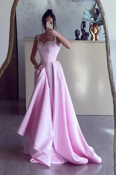 A-line Pink Satin Prom Dresses WIth Beaded Neckline, Princess Party Dance Dresses, 2025 Prom Dresses
