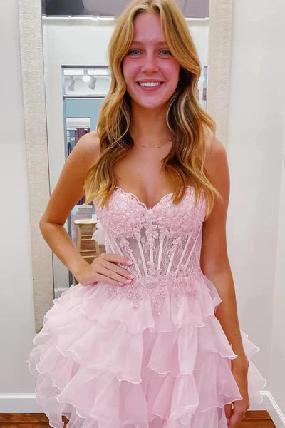 Sweetheart A-line Layered Cute Mini Dresses With Bones, Homecoming Dresses, Short Prom Dresses
