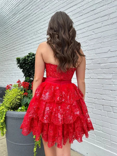Sweetheart Red Lace Mini Dresses With Bow, Layers Short Homecoming Dresses, Newest Prom Dresses
