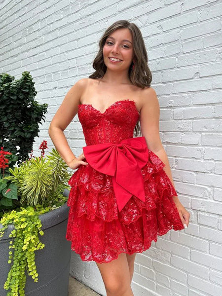 Sweetheart Red Lace Mini Dresses With Bow, Layers Short Homecoming Dresses, Newest Prom Dresses