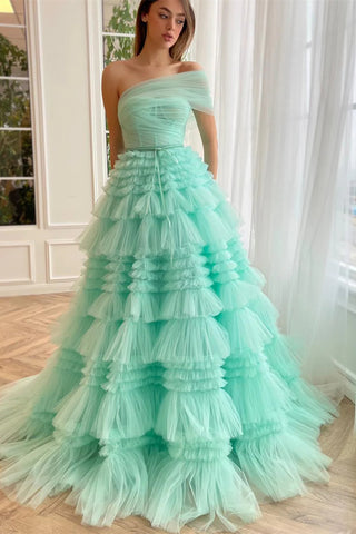 Turquoise One Shoulder A-line Prom Dresses With Ruffles, Luxury Evening Dresses, Newest 2025 Prom Dresses
