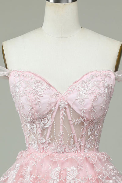 Pink Off the Shoulder Lace Tulle Homecoming Dresses, Newest Short Prom Dresses