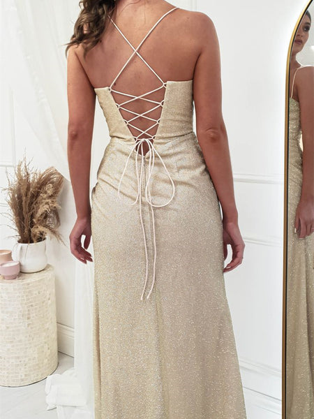 Champagne Gold Shiny Long Fitted Gown, Sexy Prom Dresses, Evening Dres ClaireBridal Champagne Gold Shiny Long Fitted Gown, Sexy Prom Dresses, Evening Dres ClaireBridal