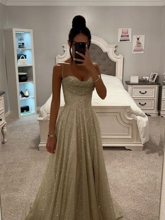 Spaghetti Long A-line Shiny Sequin Tulle Prom Dresses, Evening Dresses, Party Dresses, 2024 Prom Dresses