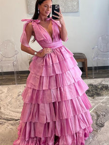 Deep V-neck Pink Cake Skirt Dresses, Ruffled Style Long Prom Dresses, Princess Dresses, 2024 Prom Dresses