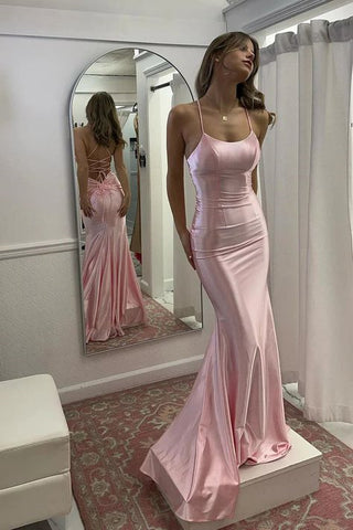 Spaghetti Long Mermaid Pink Prom Dresses, Popular Long Prom Dresses, Maxi Dresses