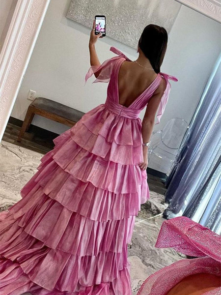 Deep V-neck Pink Cake Skirt Dresses, Ruffled Style Long Prom Dresses, Princess Dresses, 2024 Prom Dresses