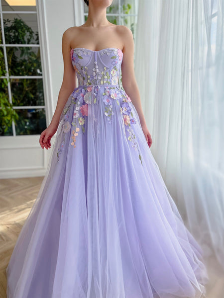 Lavender Floral Prom Dresses, Sweetheart A-line Prom Dresses, 2023 Prom Dresses, Maxi Dresses
