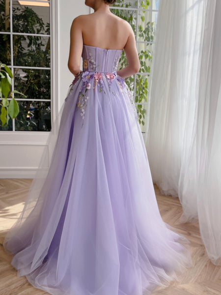 Lavender Floral Prom Dresses, Sweetheart A-line Prom Dresses, 2023 Prom Dresses, Maxi Dresses