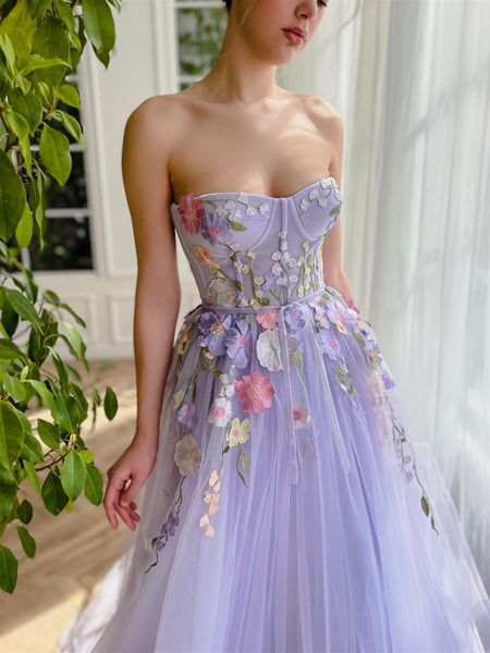 Lavender Floral Prom Dresses, Sweetheart A-line Prom Dresses, 2023 Prom Dresses, Maxi Dresses