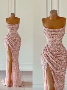 Sexy Nude Pink Shiny Sequin Fitted Prom Dresses, 2024 Prom Dresses, Newest Prom Dresses
