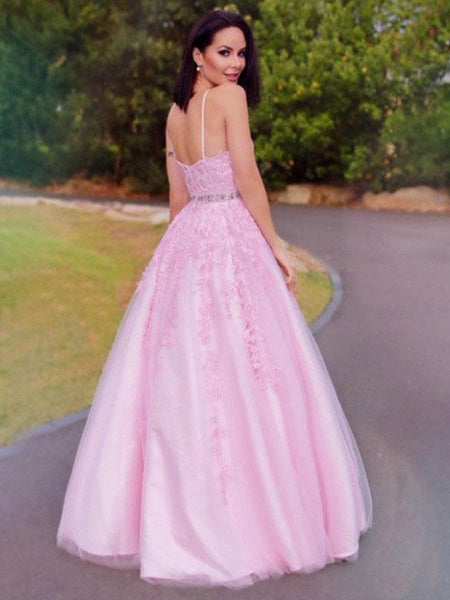 Halter Long A-line Pink Lace Beaded Waist Prom Dresses, Popular 2021 Prom Dresses