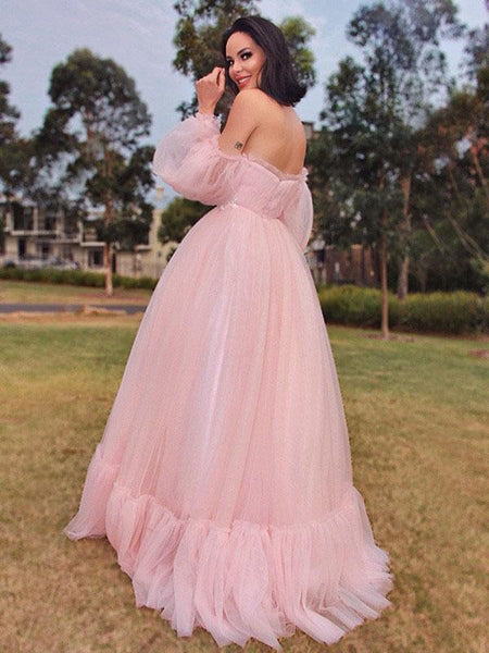 Sweetheart Pink Tulle A-line Prom Dresses, Lovely 2021 Prom Dresses, Long Prom Dresses