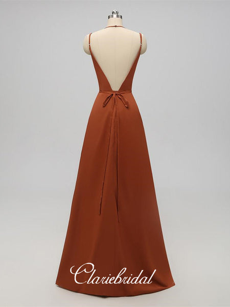 V-neck Sheath Elastic Satin Long Bridesmaid Dresses