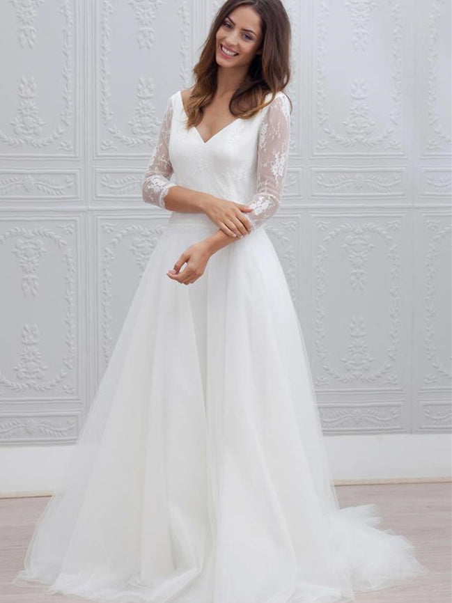 V-neck Long A-line Lace Tulle Wedding Dresses, A-line Wedding Dresses, 2020 Wedding Dresses