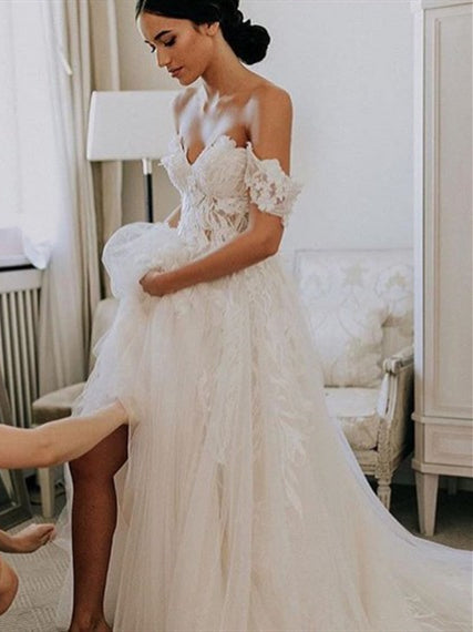 Off Shoulder Long A-line Side Slit Lace Wedding Dresses, Country Wedding Dresses, 2020 Wedding Dresses