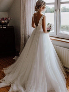Simple Satin Top Long A-line Tulle Wedding Dresses, Popular Wedding Dresses, Long Wedding Dresses