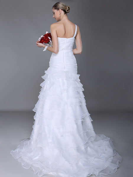 One Shoulder Long White Organza Wedding Dresses, Mermaid Wedding Dresses, Newest Wedding Dresses