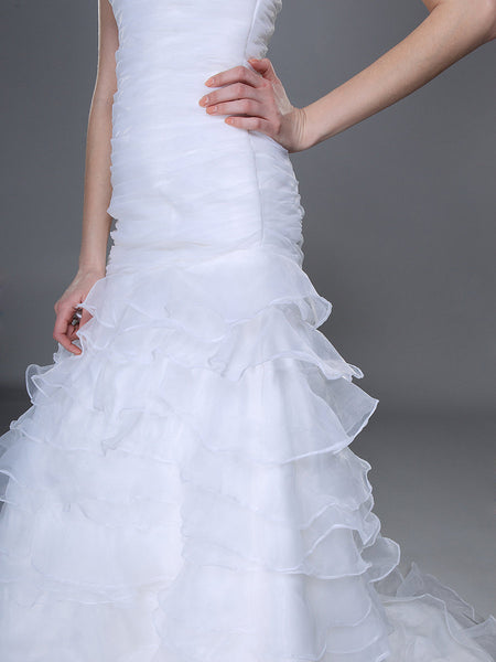 One Shoulder Long White Organza Wedding Dresses, Mermaid Wedding Dresses, Newest Wedding Dresses