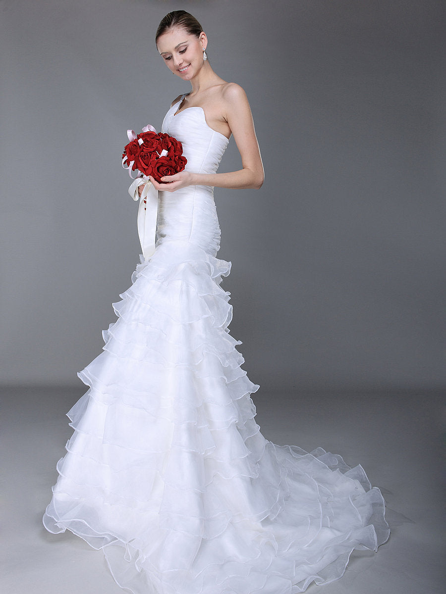 One Shoulder Long White Organza Wedding Dresses, Mermaid Wedding Dress –  ClaireBridal