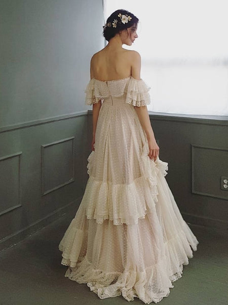 Off the Shoulder Polka Dots Lace Wedding Dresses, Boho Wedding Dresses, Newest Wedding Dresses