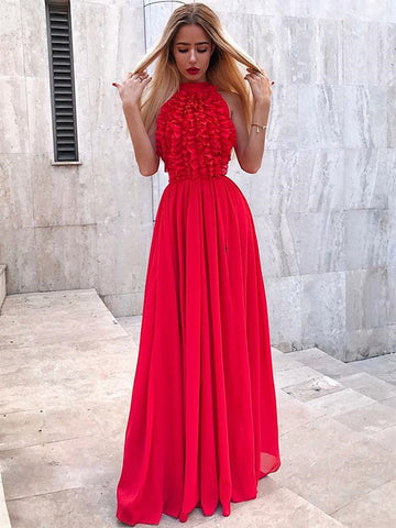 Halter Red Chiffon Prom Dresses, Ruffled Prom Dresses, Long Prom Dresses, Newest Prom Dresses