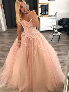 Sweetheart Long A-line Blush Lace Tulle Prom Dresses, Princess Prom Dresses, Long Prom Dresses