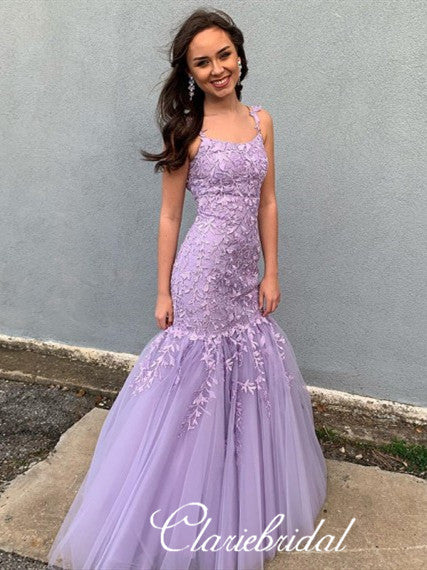 Purple Long Mermaid Lace Tulle Prom Dresses, Lovely Prom Dresses, Newest Prom Dresses