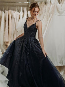 V-neck Black Lace Tulle Prom Dresses, A-line Prom Dresses, Newest Prom Dresses, Appliques Prom Dresses