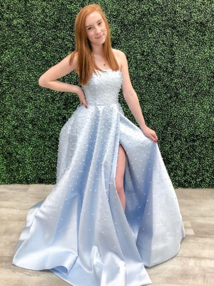 Light Blue Satin Beaded Prom Dresses, Lovely Prom Dresses, Side Slit P ClaireBridal Light Blue Satin Beaded Prom Dresses, Lovely Prom Dresses, Side Slit P ClaireBridal