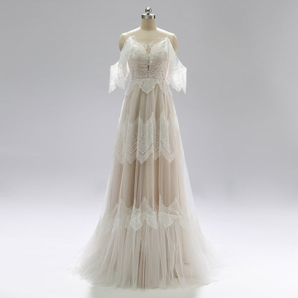 Spaghetti Long A-line Lace Wedding Dresses, Beach Wedding Dresses, Popular Wedding Dresses