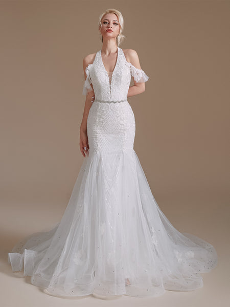 Halter Lace Beaded Wedding Dresses, Mermaid Wedding Dresses, Bridal Gown, Newest Wedding Dresses
