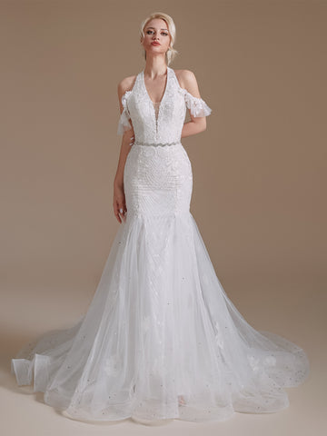 Halter Lace Beaded Wedding Dresses, Mermaid Wedding Dresses, Bridal Gown, Newest Wedding Dresses