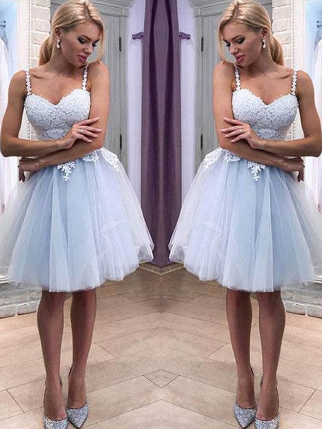 Sstraps Light Blue Lace Tulle Homecoming Dresses, Cute Short Prom Dresses, Homecoming Dresses