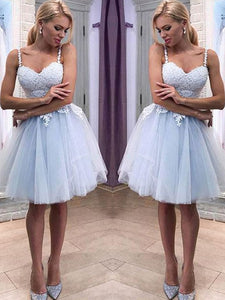 Sstraps Light Blue Lace Tulle Homecoming Dresses, Cute Short Prom Dresses, Homecoming Dresses