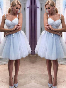 Sstraps Light Blue Lace Tulle Homecoming Dresses, Cute Short Prom Dresses, Homecoming Dresses