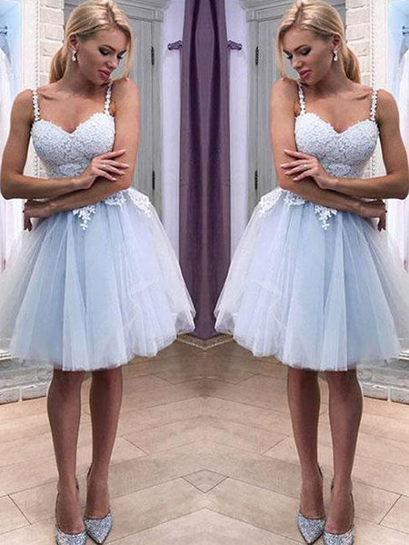 Sstraps Light Blue Lace Tulle Homecoming Dresses, Cute Short Prom Dresses, Homecoming Dresses